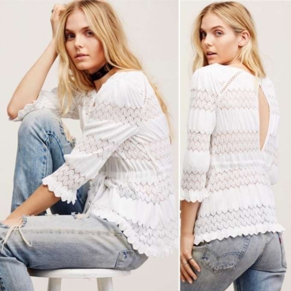 Free‎ People Boho White Lace Blouse | XS | Romantic Crochet Peasant Top - Picture 2 of 5